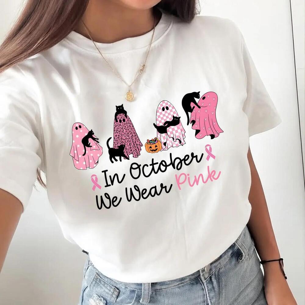 In October We Wear Shirt, Halloween Ghost And Cats Tshirt